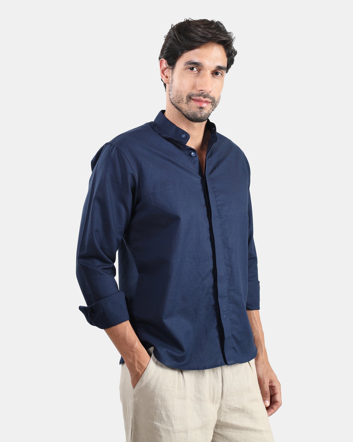 Concealed Placket Premium Navy Blue Linen Shirt for Men with Mandarin Collar