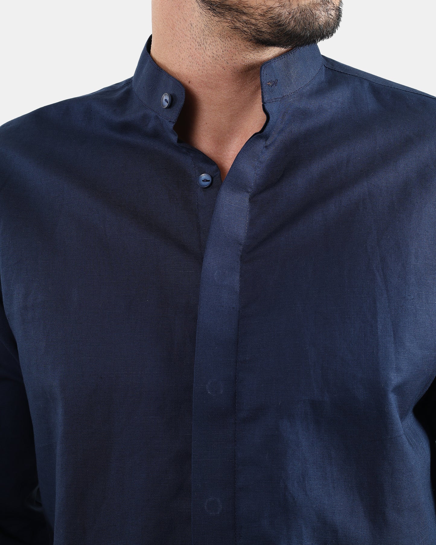 Concealed Placket Premium Navy Blue Linen Shirt for Men with Mandarin Collar