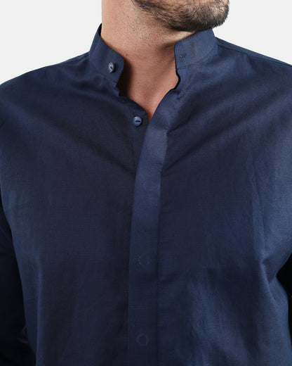 Concealed Placket Premium Navy Blue Linen Shirt for Men with Mandarin Collar