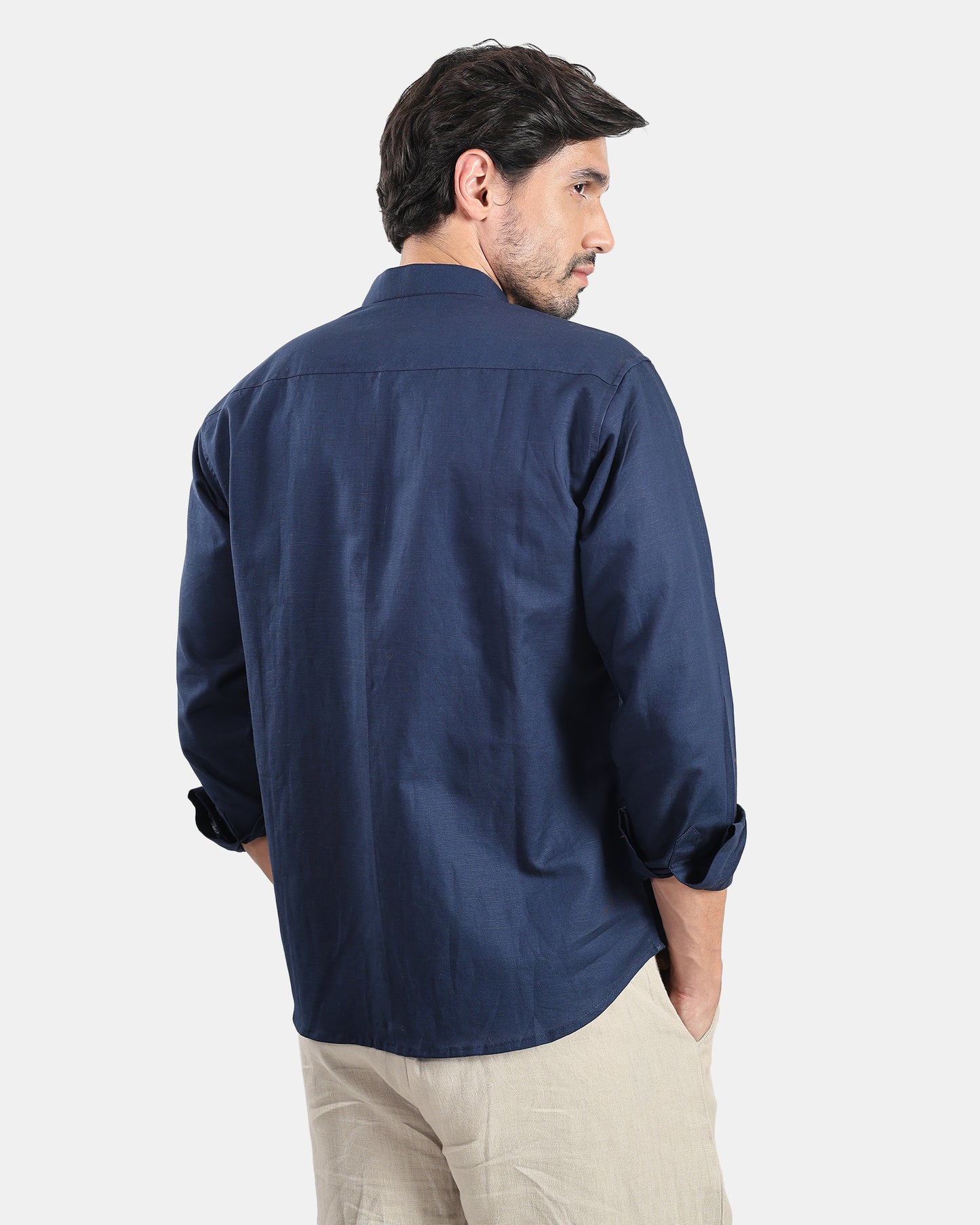 Concealed Placket Premium Navy Blue Linen Shirt for Men with Mandarin Collar