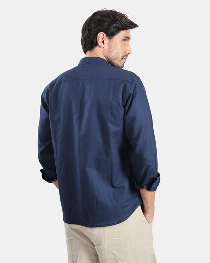Concealed Placket Premium Navy Blue Linen Shirt for Men with Mandarin Collar