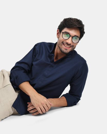 Concealed Placket Premium Navy Blue Linen Shirt for Men with Mandarin Collar