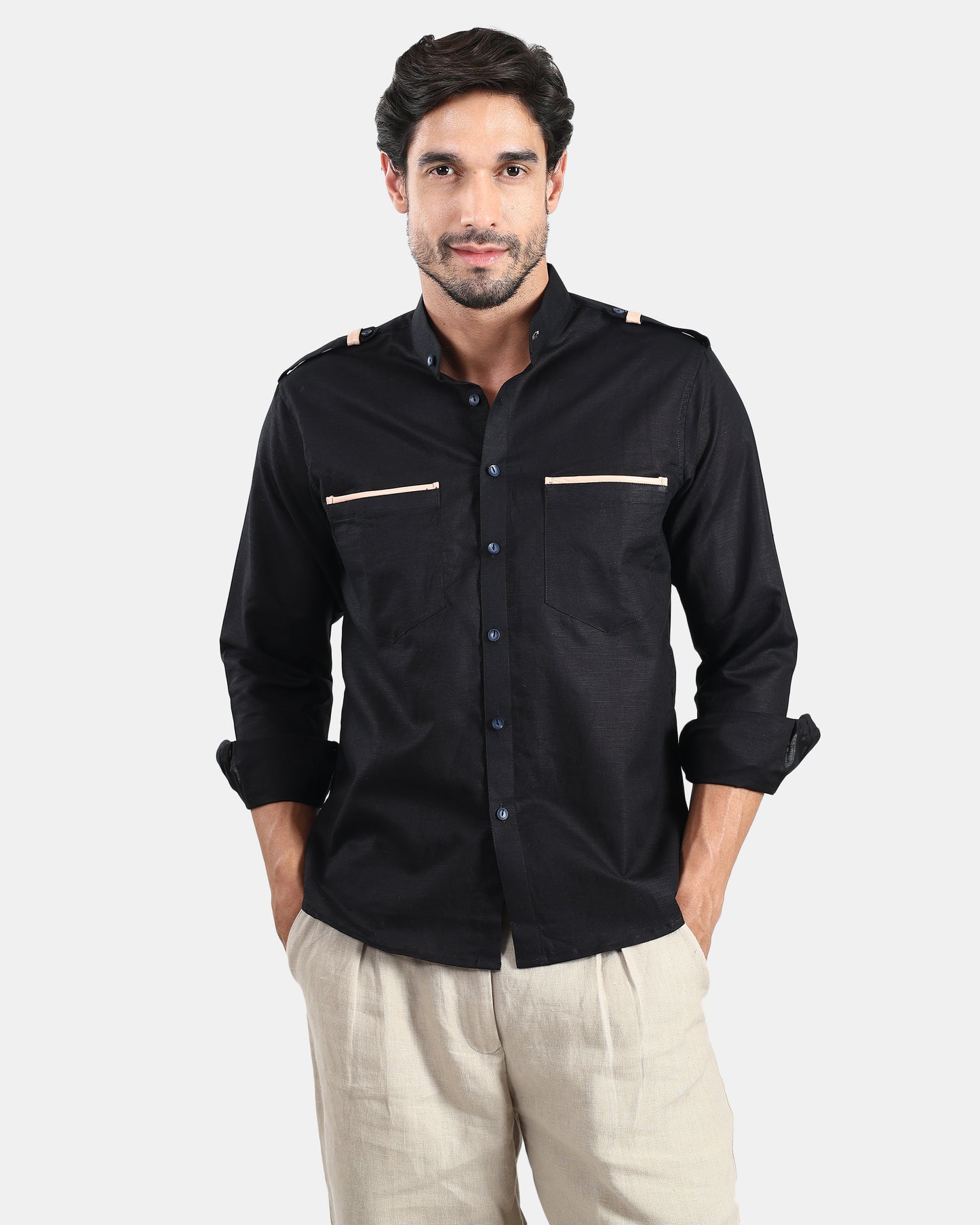 Nomad Leather-Trim Linen Bush Shirt (Black + Cream Detailing) - With Mandarin Collar