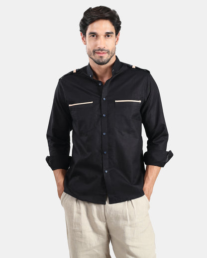 Nomad Leather-Trim Linen Bush Shirt (Black + Cream Detailing) - With Mandarin Collar
