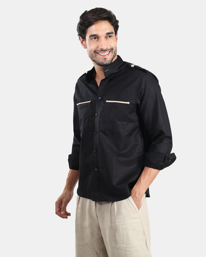 Nomad Leather-Trim Linen Bush Shirt (Black + Cream Detailing) - With Mandarin Collar