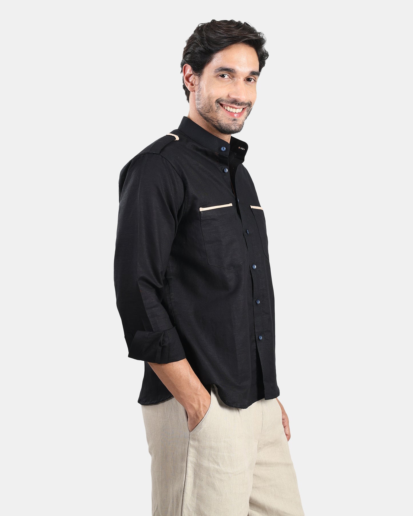 Nomad Leather-Trim Linen Bush Shirt (Black + Cream Detailing) - With Mandarin Collar