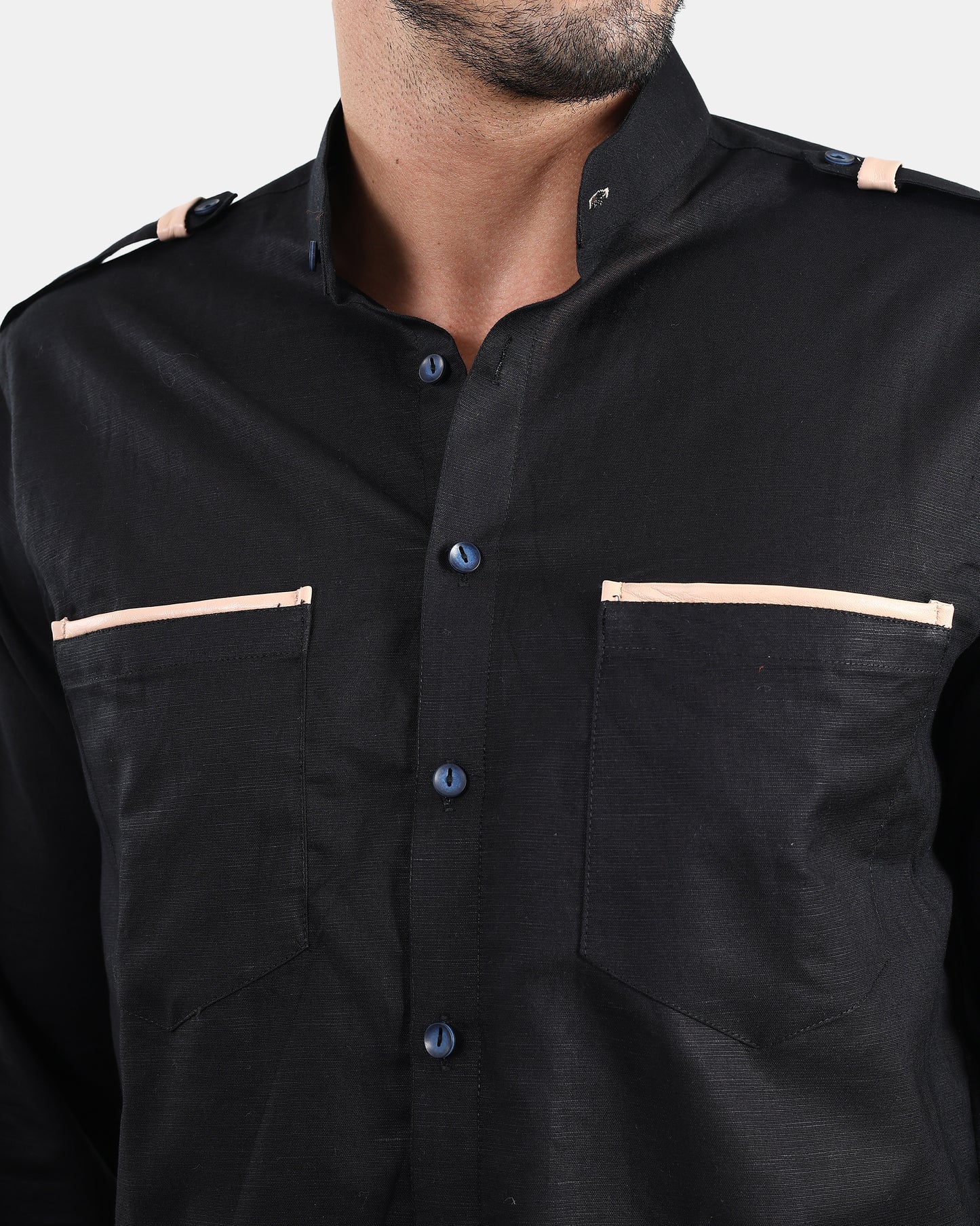 Nomad Leather-Trim Linen Bush Shirt (Black + Cream Detailing) - With Mandarin Collar