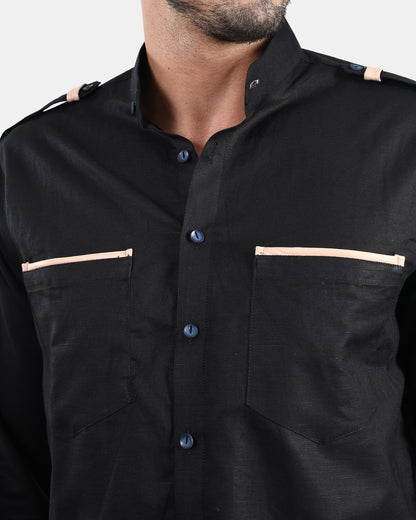 Nomad Leather-Trim Linen Bush Shirt (Black + Cream Detailing) - With Mandarin Collar