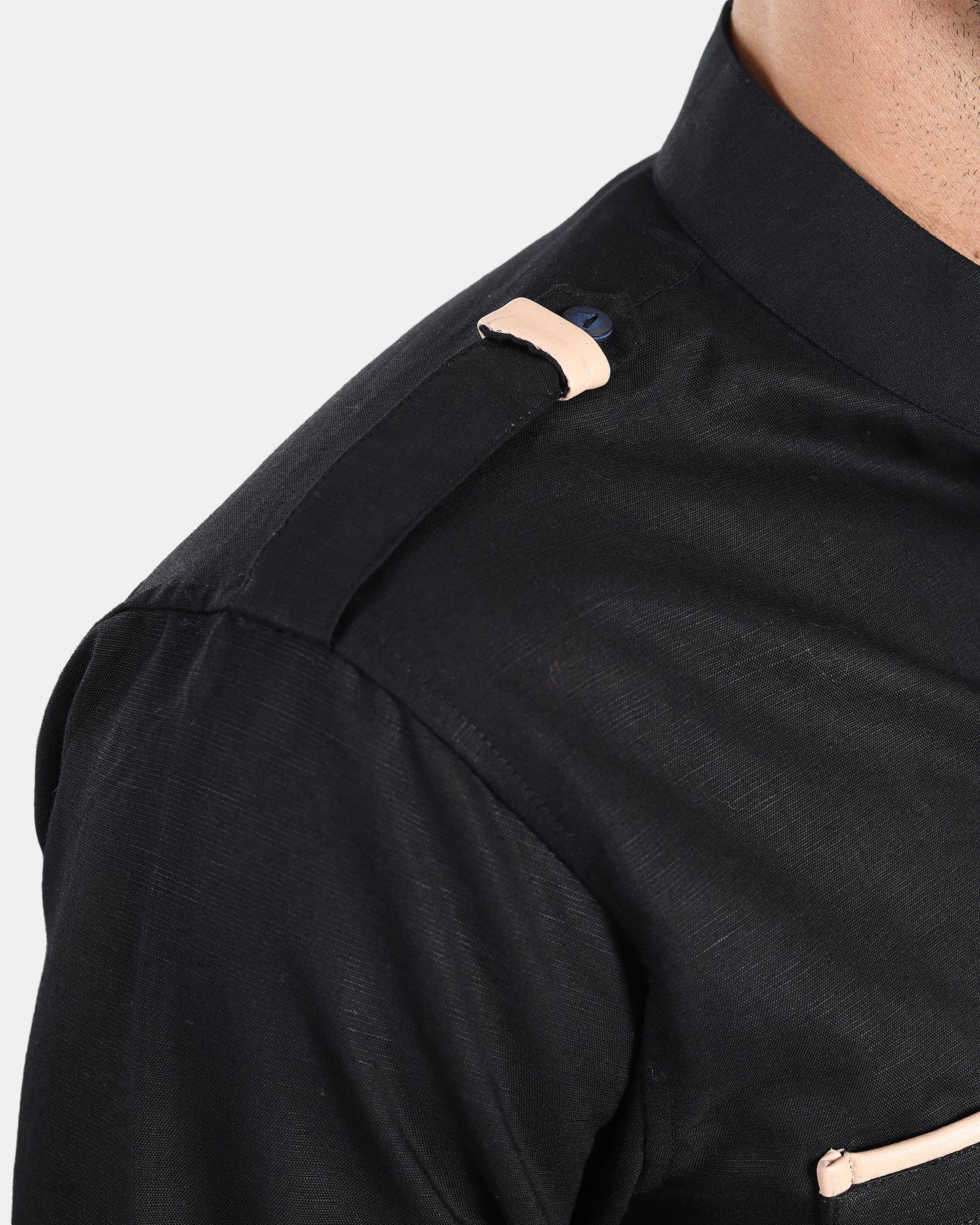 Nomad Leather-Trim Linen Bush Shirt (Black + Cream Detailing) - With Mandarin Collar