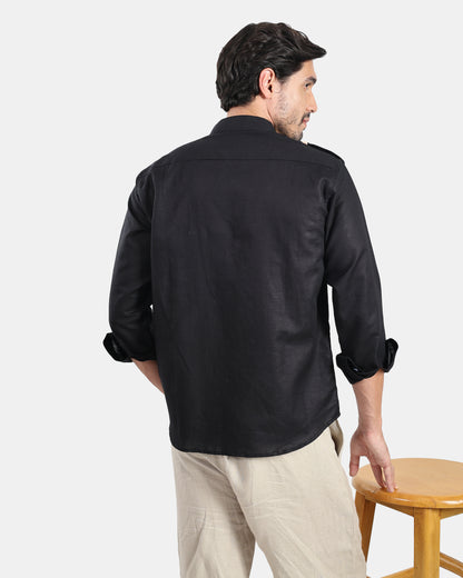 Nomad Leather-Trim Linen Bush Shirt (Black + Cream Detailing) - With Mandarin Collar