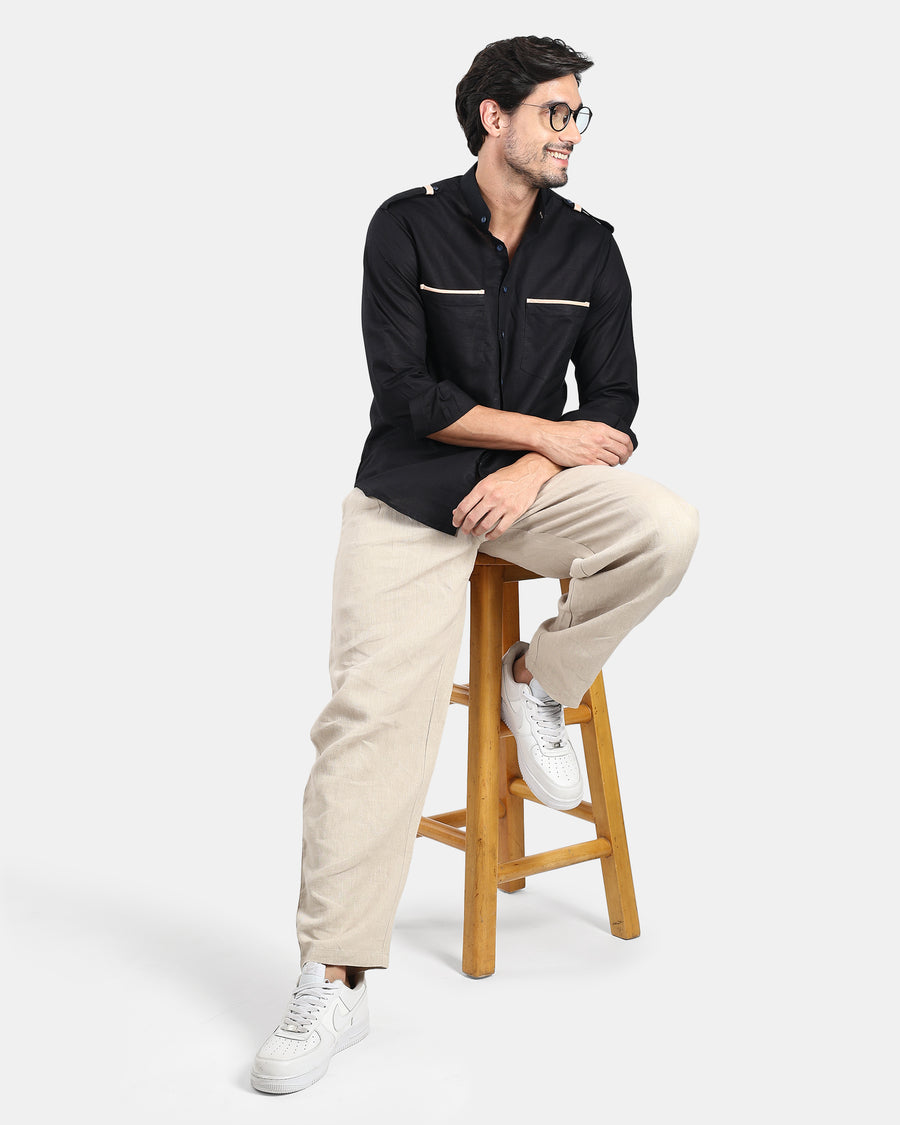 Black Linen Bush Shirt | Cream Leather