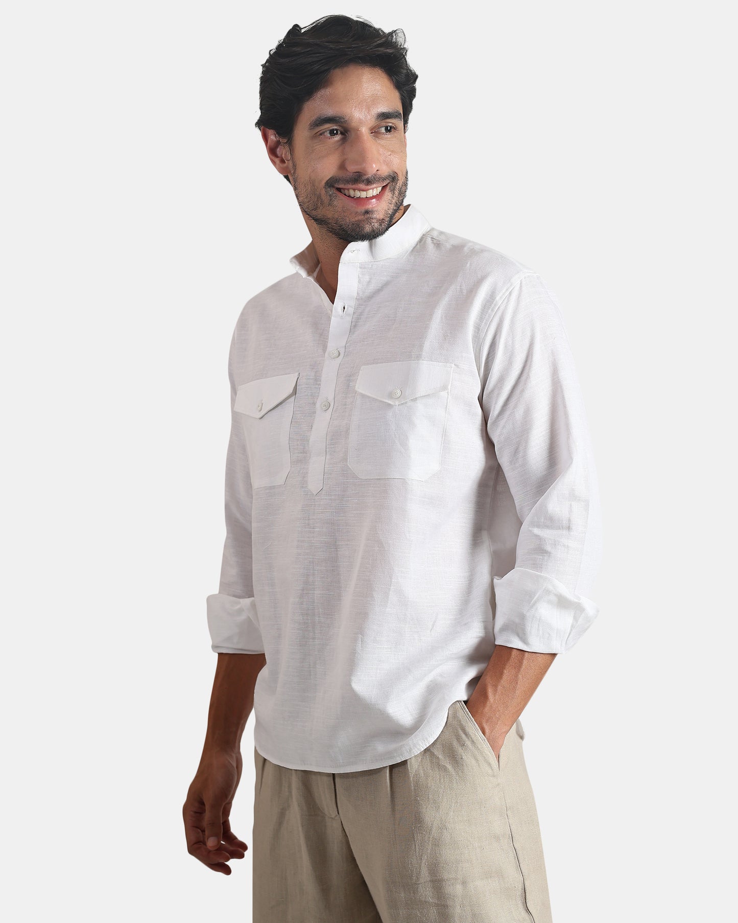 White Classic Mandarin Kurta Shirt with Pockets