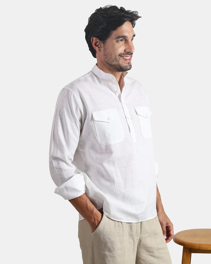 White Classic Mandarin Kurta Shirt with Pockets