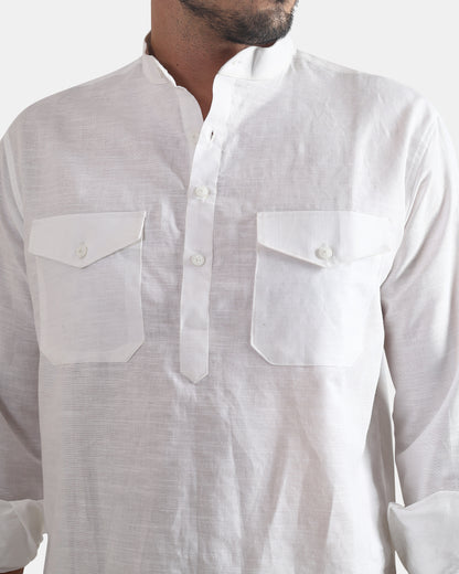 White Classic Mandarin Kurta Shirt with Pockets
