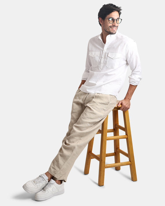 White Classic Mandarin Kurta Shirt with Pockets