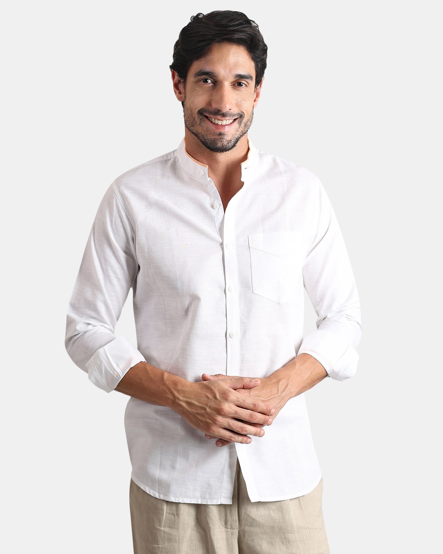 White Signature Piped Collar Linen Shirt -with Mandarin Collar (White+Muted Orange Piping)