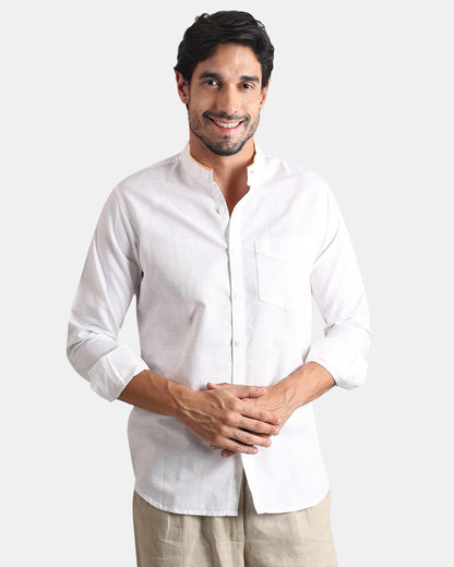 White Signature Piped Collar Linen Shirt -with Mandarin Collar (White+Muted Orange Piping)