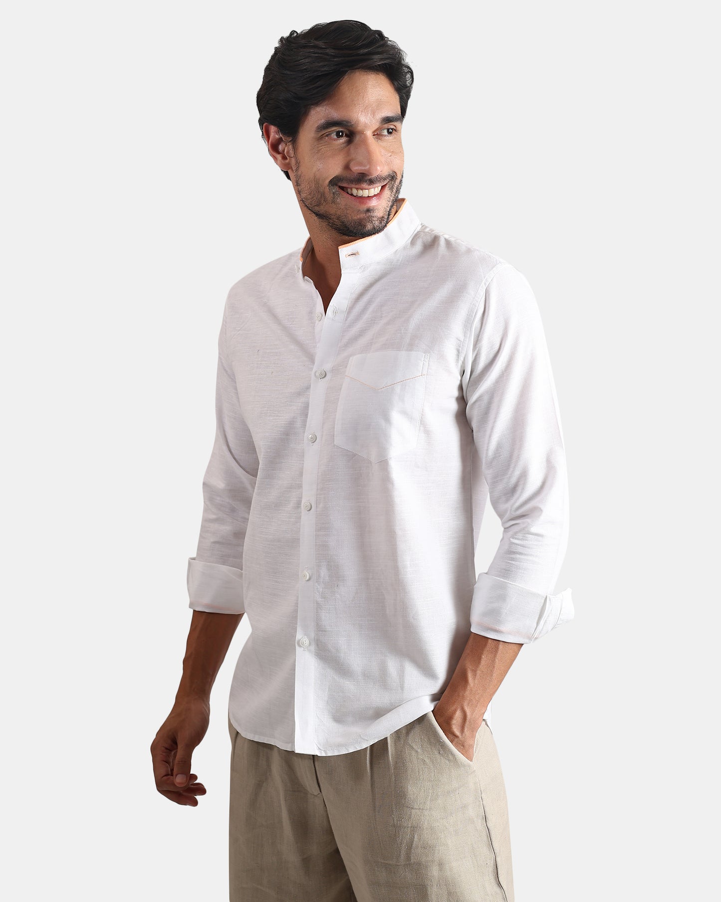 White Signature Piped Collar Linen Shirt -with Mandarin Collar (White+Muted Orange Piping)