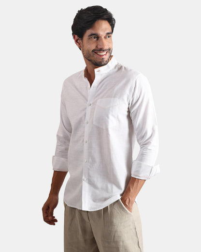 White Signature Piped Collar Linen Shirt -with Mandarin Collar (White+Muted Orange Piping)