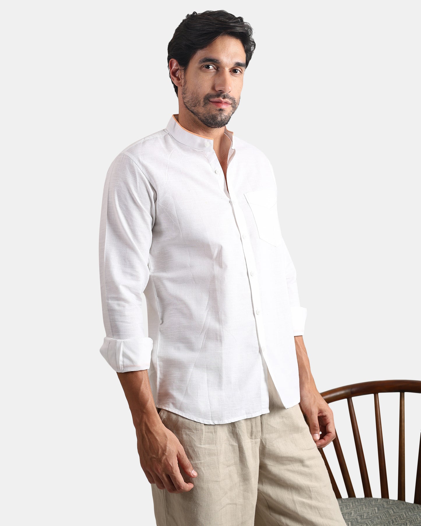 White Signature Piped Collar Linen Shirt -with Mandarin Collar (White+Muted Orange Piping)
