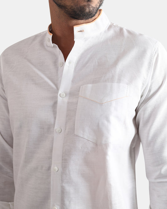 White Signature Piped Collar Linen Shirt -with Mandarin Collar (White+Muted Orange Piping)