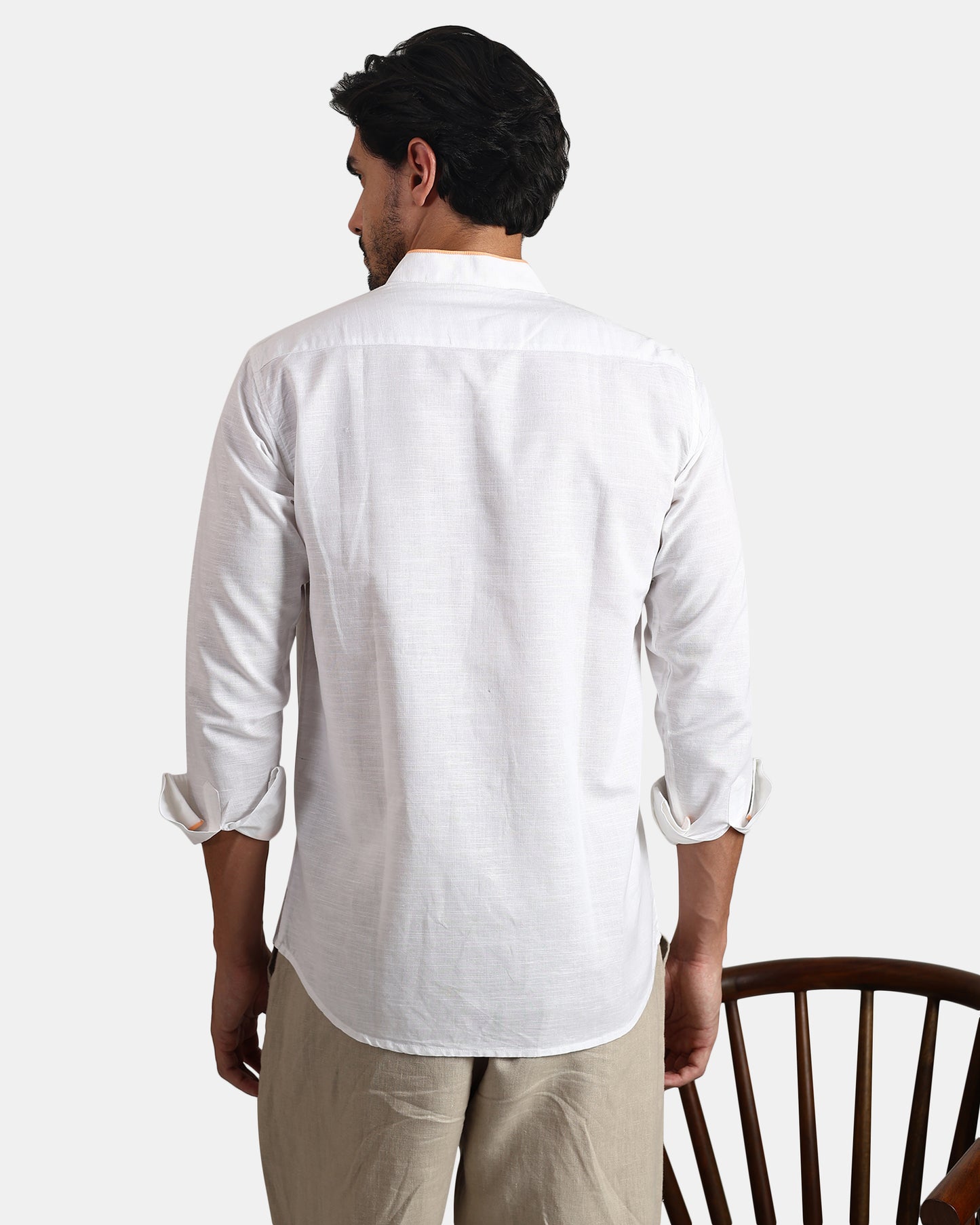 White Signature Piped Collar Linen Shirt -with Mandarin Collar (White+Muted Orange Piping)