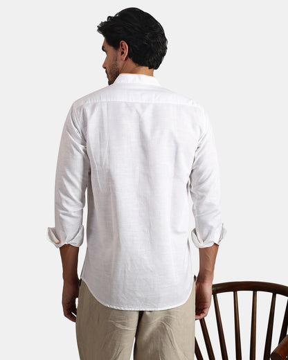 White Signature Piped Collar Linen Shirt -with Mandarin Collar (White+Muted Orange Piping)