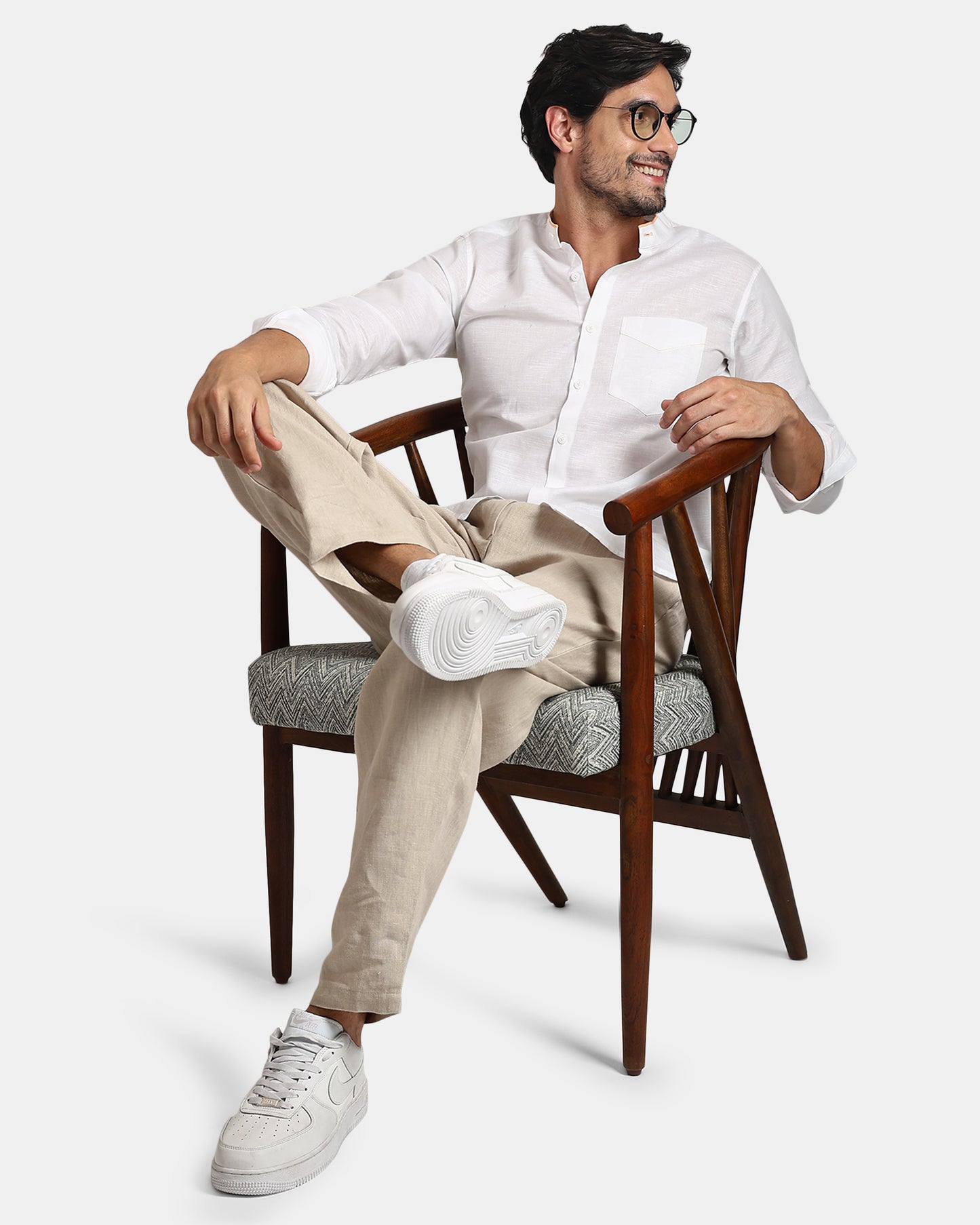White Signature Piped Collar Linen Shirt -with Mandarin Collar (White+Muted Orange Piping)