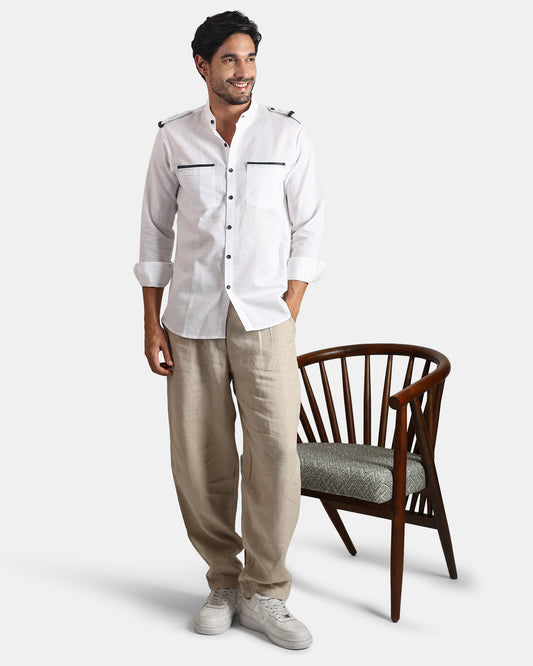 Nomad Leather-Trim Linen Bush Shirt (White + Black Detailing) - With Mandarin Collar