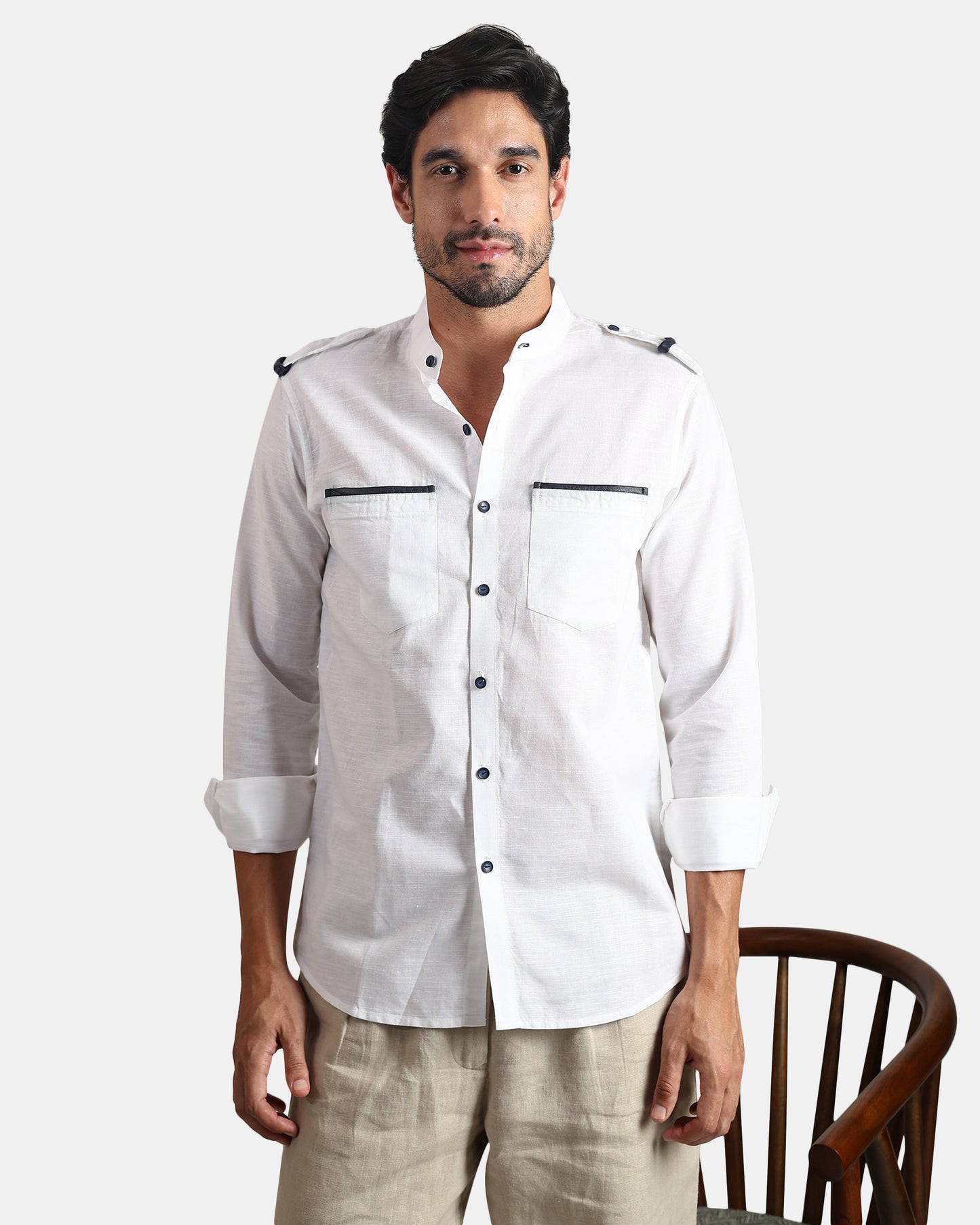 Nomad Leather-Trim Linen Bush Shirt (White + Black Detailing) - With Mandarin Collar