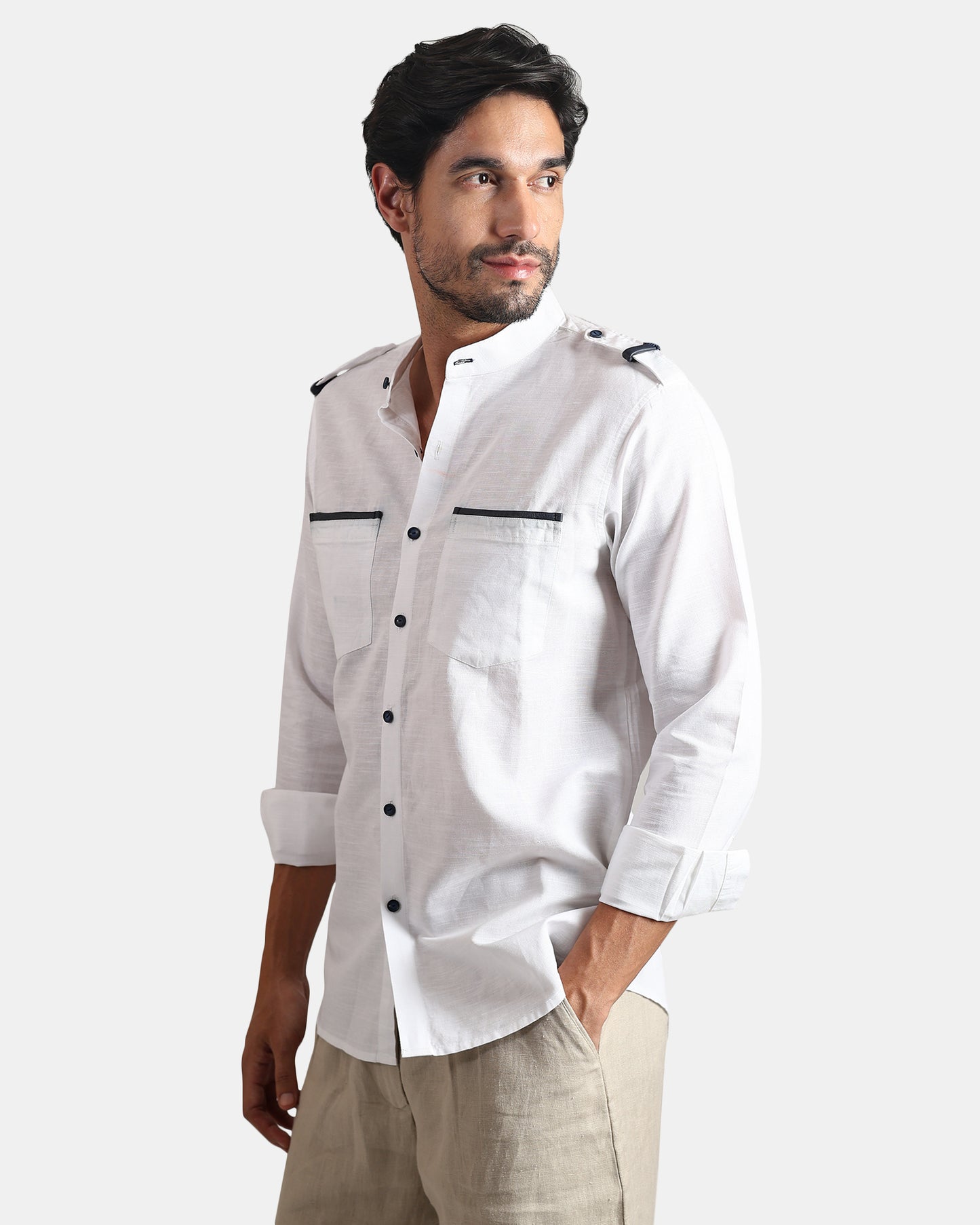 Nomad Leather-Trim Linen Bush Shirt (White + Black Detailing) - With Mandarin Collar