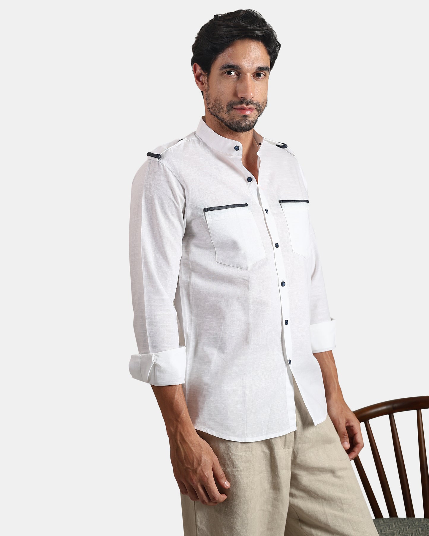 Nomad Leather-Trim Linen Bush Shirt (White + Black Detailing) - With Mandarin Collar