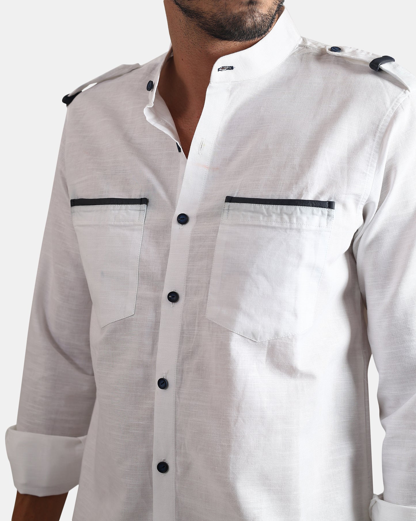 Nomad Leather-Trim Linen Bush Shirt (White + Black Detailing) - With Mandarin Collar