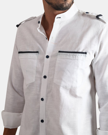 Nomad Leather-Trim Linen Bush Shirt (White + Black Detailing) - With Mandarin Collar