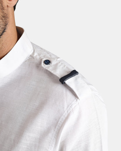Nomad Leather-Trim Linen Bush Shirt (White + Black Detailing) - With Mandarin Collar