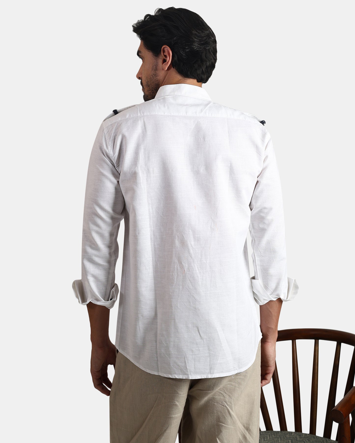 Nomad Leather-Trim Linen Bush Shirt (White + Black Detailing) - With Mandarin Collar