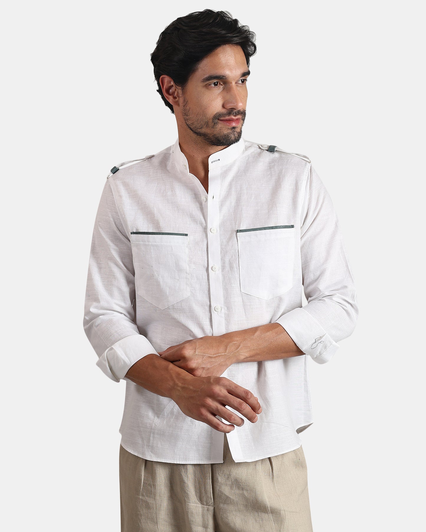 Nomad Leather-Trim Linen Bush Shirt (White+Grey Detailing) - With Mandarin Collar