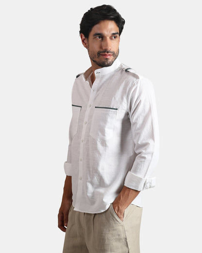 Nomad Leather-Trim Linen Bush Shirt (White+Grey Detailing) - With Mandarin Collar