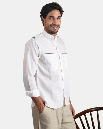 Nomad Leather-Trim Linen Bush Shirt (White+Grey Detailing) - With Mandarin Collar