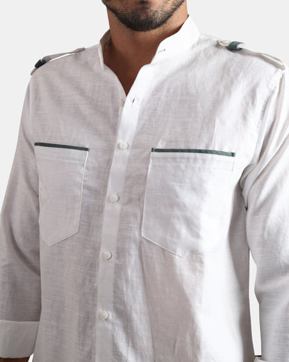 Nomad Leather-Trim Linen Bush Shirt (White+Grey Detailing) - With Mandarin Collar