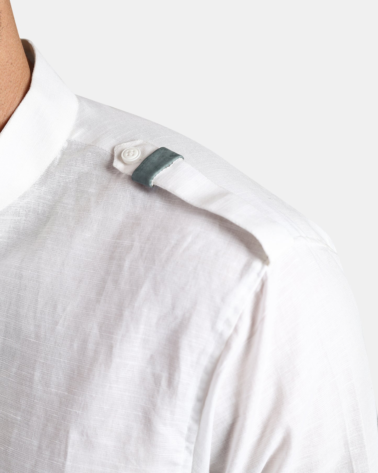 Nomad Leather-Trim Linen Bush Shirt (White+Grey Detailing) - With Mandarin Collar
