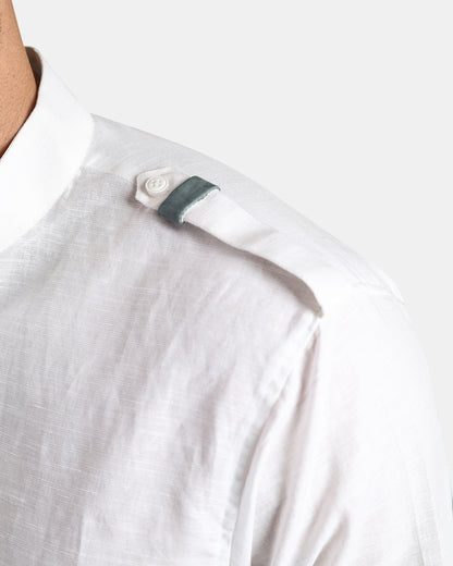 Nomad Leather-Trim Linen Bush Shirt (White+Grey Detailing) - With Mandarin Collar