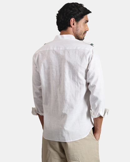 Nomad Leather-Trim Linen Bush Shirt (White+Grey Detailing) - With Mandarin Collar