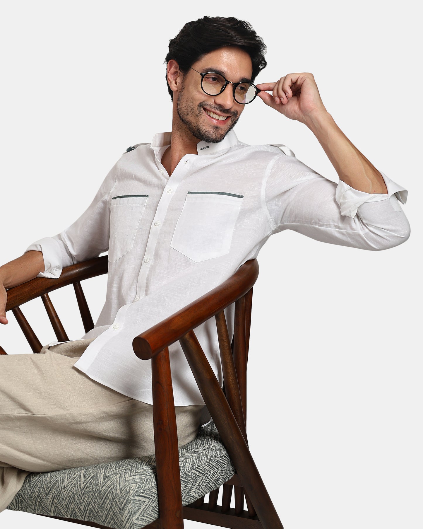 Nomad Leather-Trim Linen Bush Shirt (White+Grey Detailing) - With Mandarin Collar