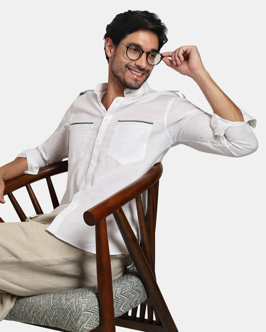 Nomad Leather-Trim Linen Bush Shirt (White+Grey Detailing) - With Mandarin Collar