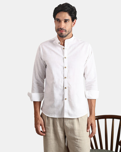 White Linen Mandarin Collar Shirt for Men with Wooden Textured Buttons | INDYSLAY