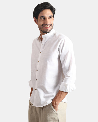 White Linen Mandarin Collar Shirt for Men with Wooden Textured Buttons | INDYSLAY