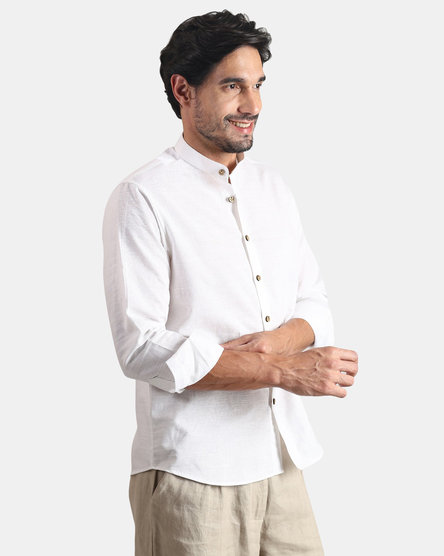 White Linen Mandarin Collar Shirt for Men with Wooden Textured Buttons | INDYSLAY