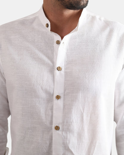 White Linen Mandarin Collar Shirt for Men with Wooden Textured Buttons | INDYSLAY