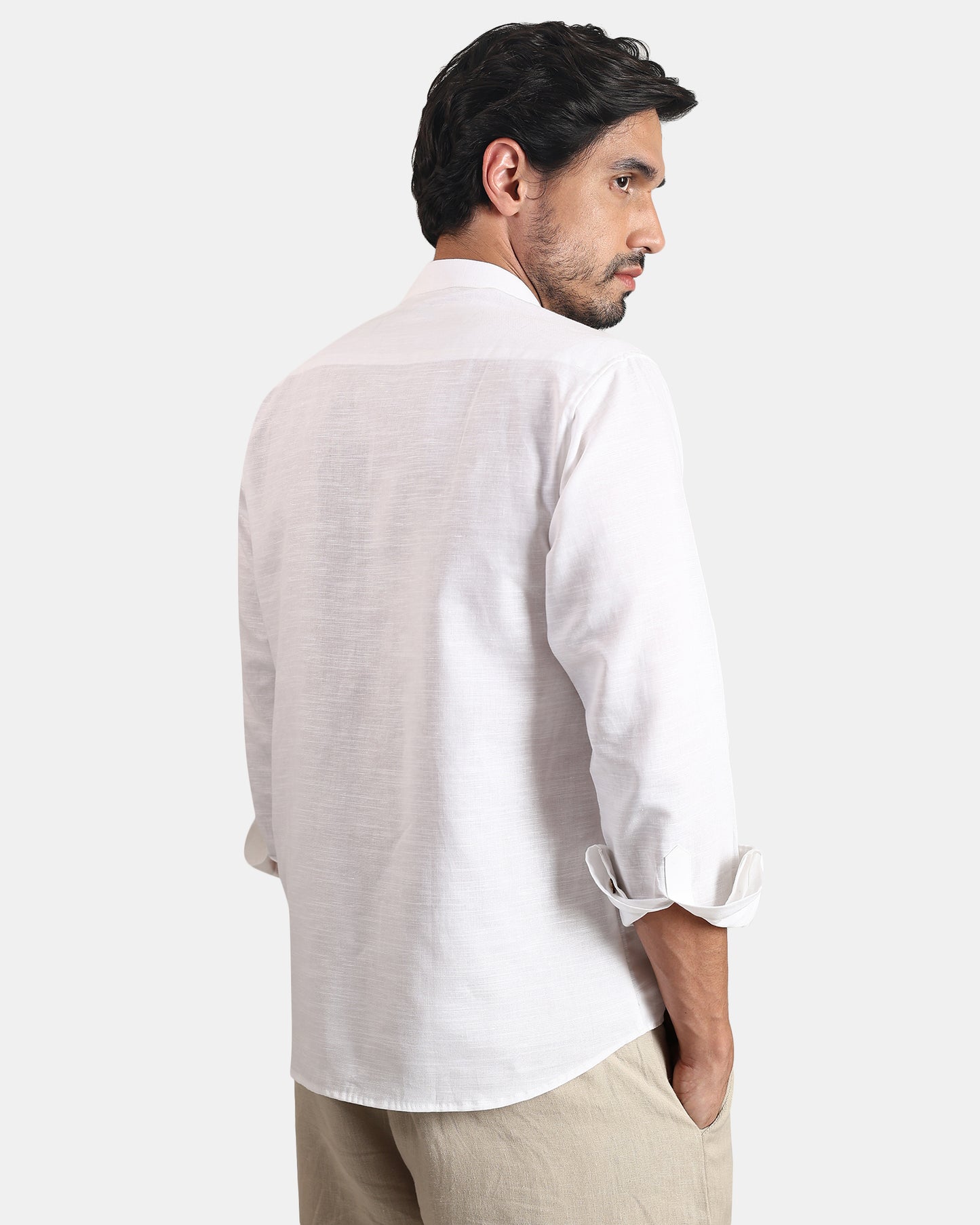 White Linen Mandarin Collar Shirt for Men with Wooden Textured Buttons | INDYSLAY